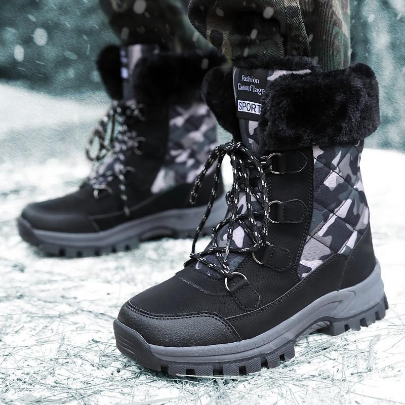 New Fleece Camouflage Snow Boots Outdoor Non-slip High Top Cotton Shoes Large Size Thick Warm Snow Boots Platform Shoes C1330