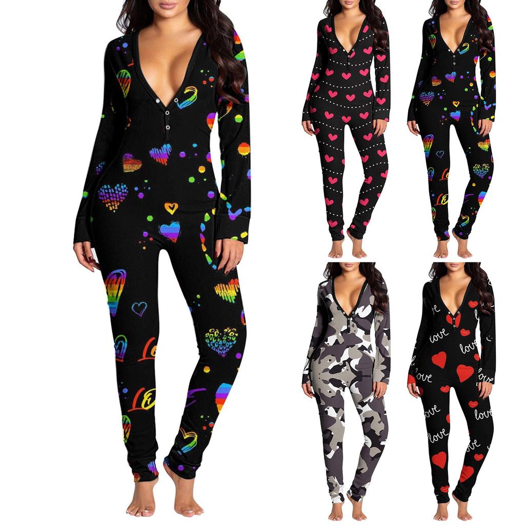Dámské ležérní Valentýnský potisk s dlouhým rukávem Odnímatelná klopa na knoflíky Pyžamo pro dospělé Jednodílné