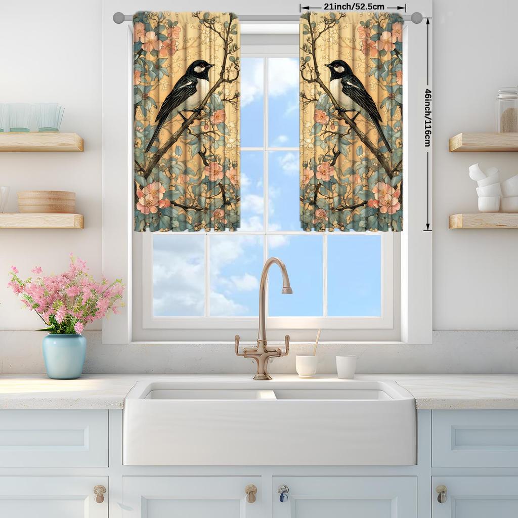 2 Pieces of Retro Flower and Bird Painting Curtains Suitable for Family and Friends   Sunshade and Privacy Protection Curtains