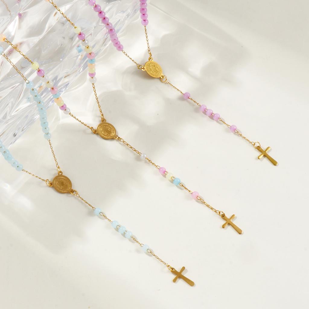 Chaîne perlée Croix Chapelet Collier 304 Acier Inoxydable Plaqué Or 55cm(21,7") St. Médaille de Saint Benoît Religieux Rétro