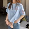 Women's Round Neck Short Sleeve Printed Loose Fit Korean Casual T Shirt Basic Top with Heart Graphic for Spring Daily Wear