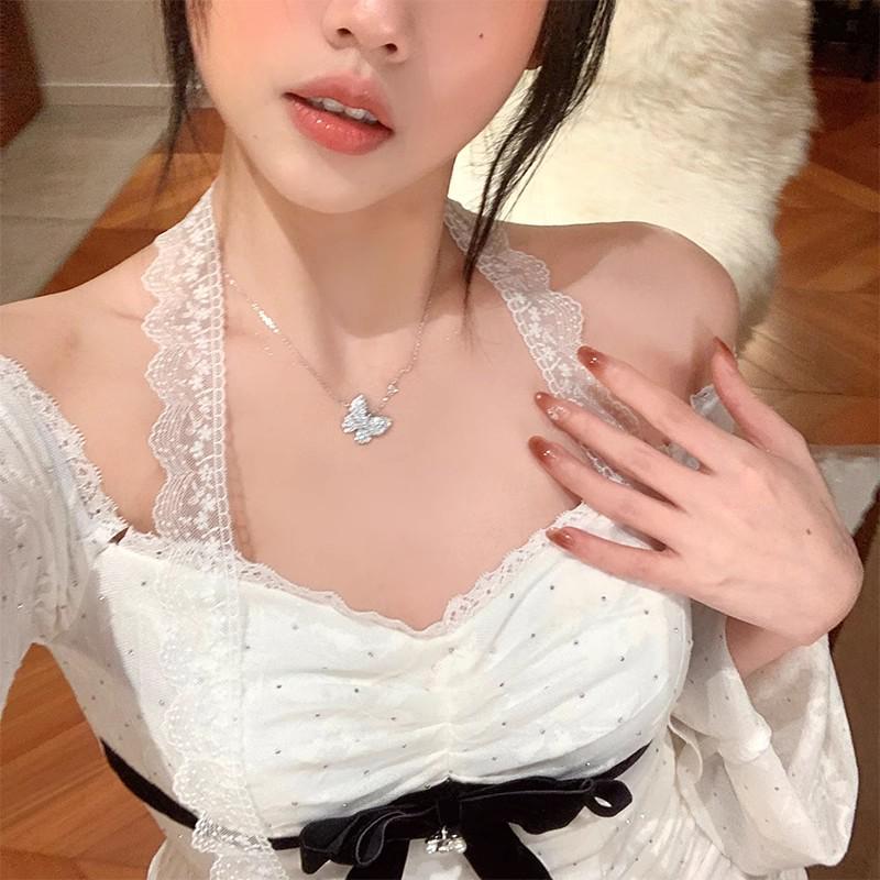 Colier Elegant cu Pandantiv Fluture din Zircon - Lanț Claviculă Luxos, Stil Primăvară/Vară