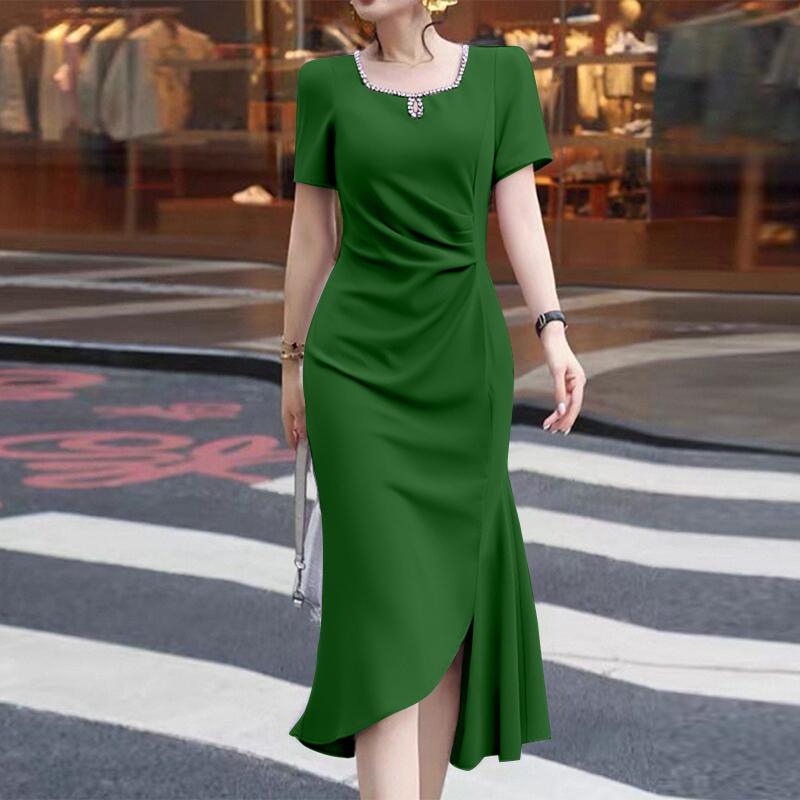 

ZANZEA Женское летнее платье-футляр с квадратным вырезом и короткими рукавами, со стразами 4XL зелёный