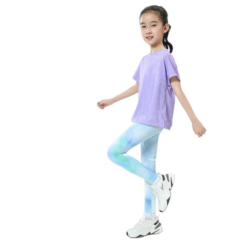 Girls' Summer Sports Set: High-Waisted Flared Pants and Sun Protection Short Sleeve for Parent-Child Yoga