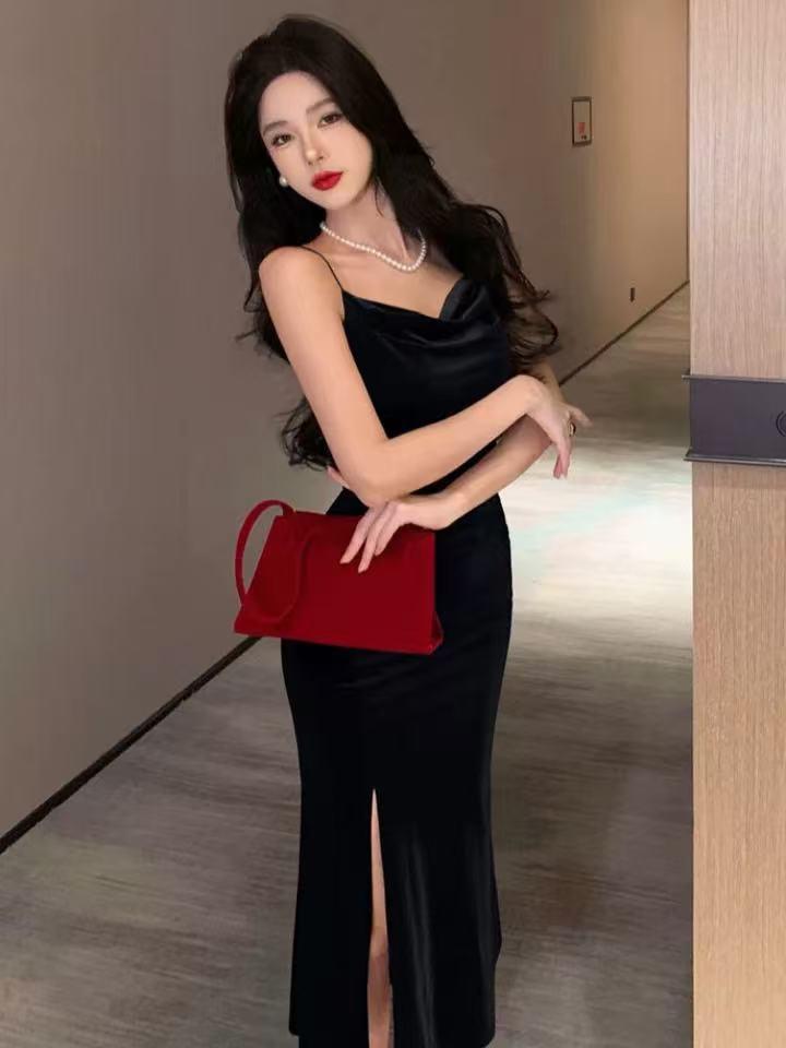 Luxurious French Gold Velvet Fishtail Slip Dress for Women - Autumn/Winter Sexy Bodycon with Hip-Slit for Evening Wear