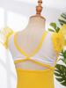 Girls Ruffle Sleeve Leotard Ruched Mesh Patchwork Cutout Back Bodysuit