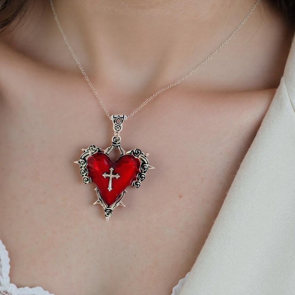 Gothic Thorn Red Heart Necklace Adornment Adjustable Alloy Clavicle Chain for Unique Style and Mystery Lovers