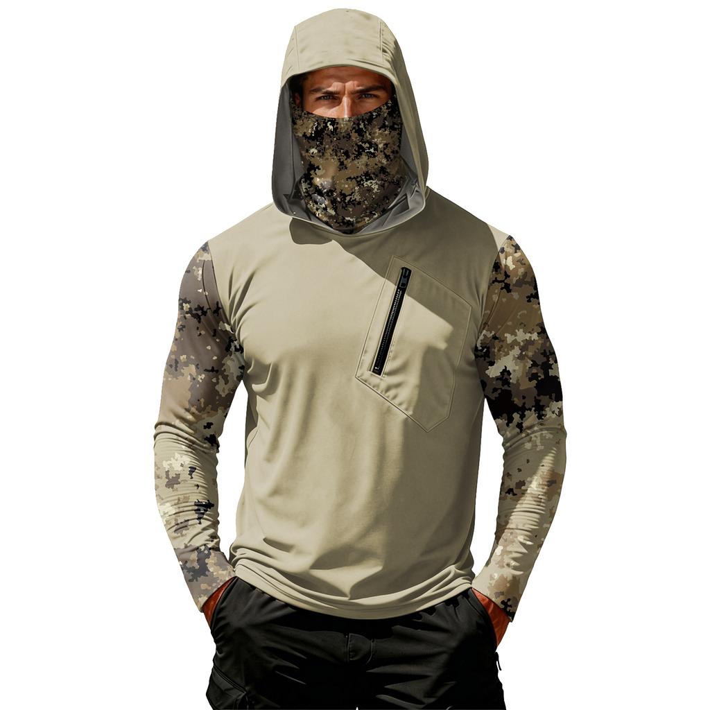 Men's Casual Camouflage Print Hooded Long Sleeve Sun Protection Shirt Lightweight Breathable Outdoor Activewear