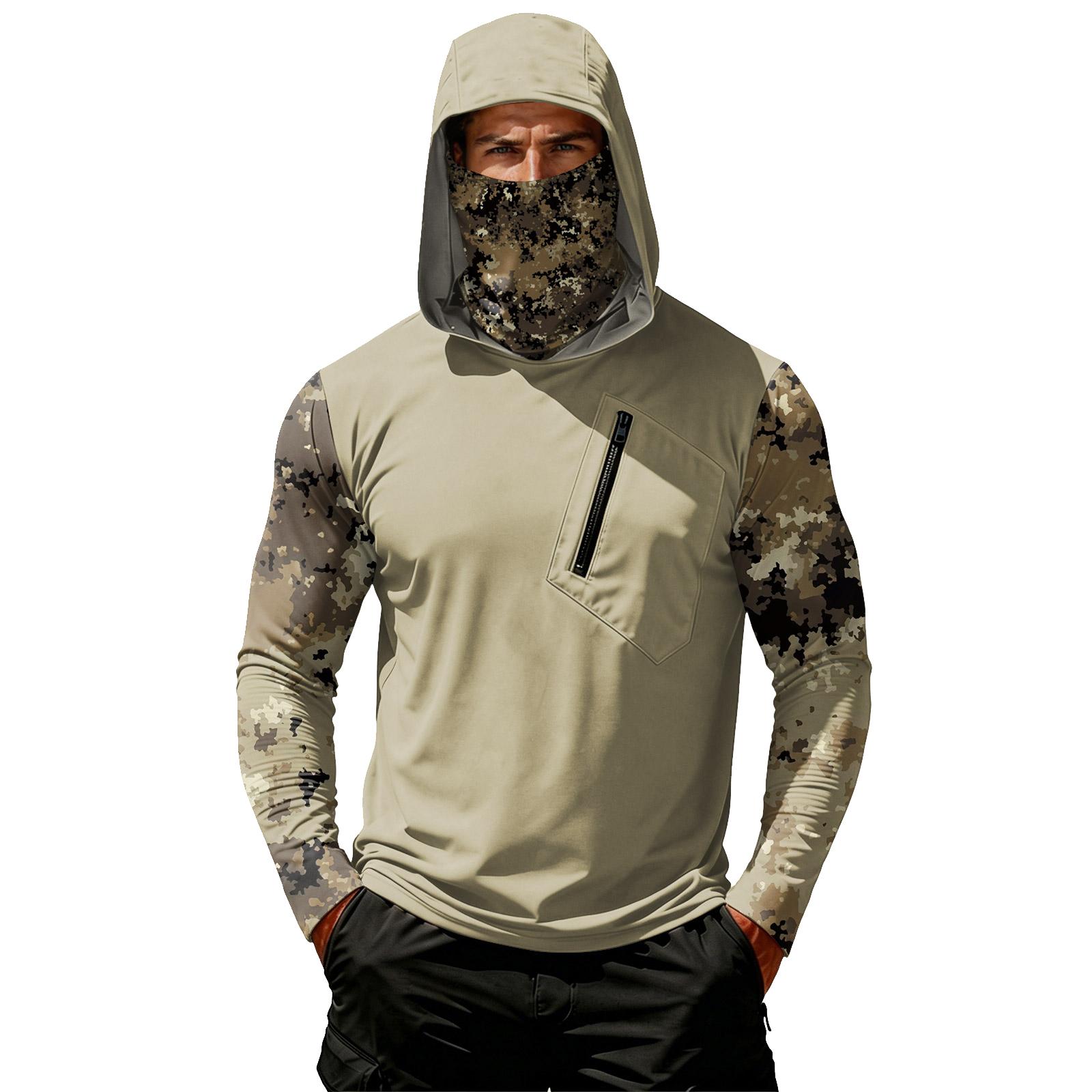 Men’s Casual Camouflage Printed Hooded Long Sleeve Sun Jacket Lightweight Breathable Zip Pocket Outdoor Top L хаки