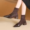 Fashion Square Heel Single Boots Fall New Pointed Toe Metal Buckle Suede Rear Zip Anti-Slip Wear-Resistant Booties