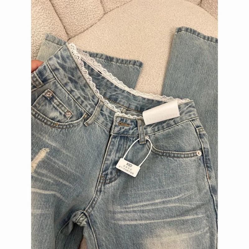 Frühling neue hellblaue Spitze Spleißung Mikro-Pull Jeans Damen gewaschene Hüftjeans dünn vielseitig lässig Schlaghosen