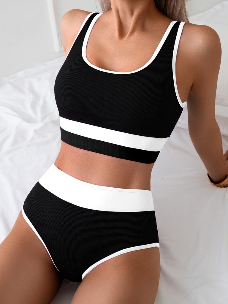 Vintage Black Pink Patchwork Bikini Set 2025 Women Sports Push Up High Waist Swimsuit Summer Bathing Suit Pool 2 Piece Swimwear