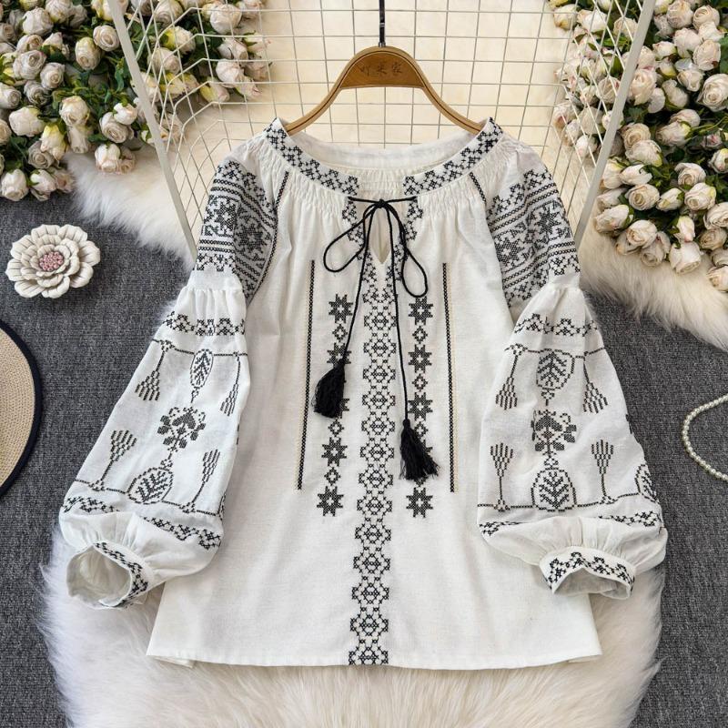 

Женская блузка с вышивкой в этническом стиле, с завязками, весенняя, свободная, тонкая, с рукавами-фонариками, очень красивая, универсальная рубашка one size белый