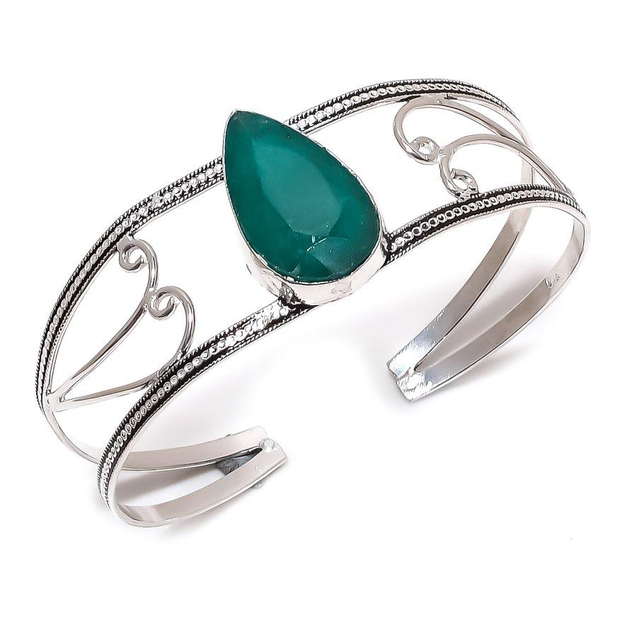 Emerald(Simulated) Gemstone 925 Sterling Silver Cuff Bangle Adj Y9o20
