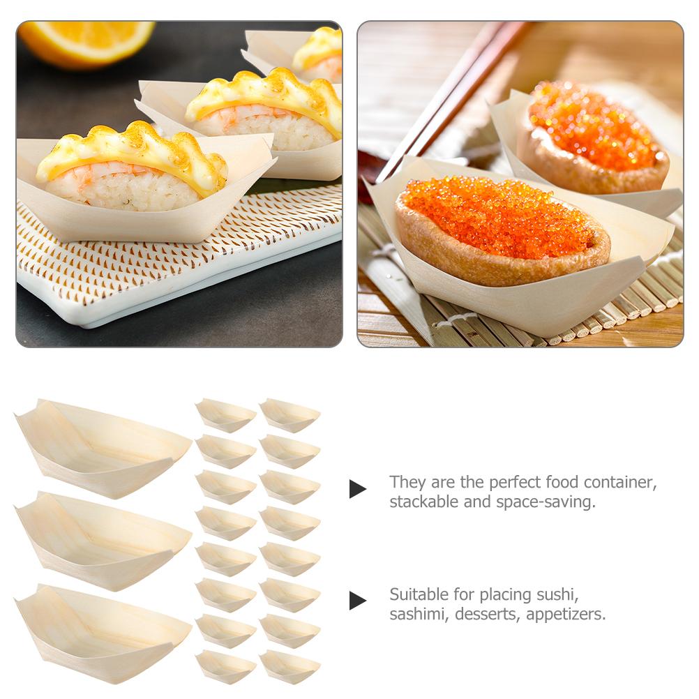 200 Pcs Disposable Wooden Boat Bamboo Bowls Sashimi Tray Charcuterie Cones Sushi Plates Serving Boats