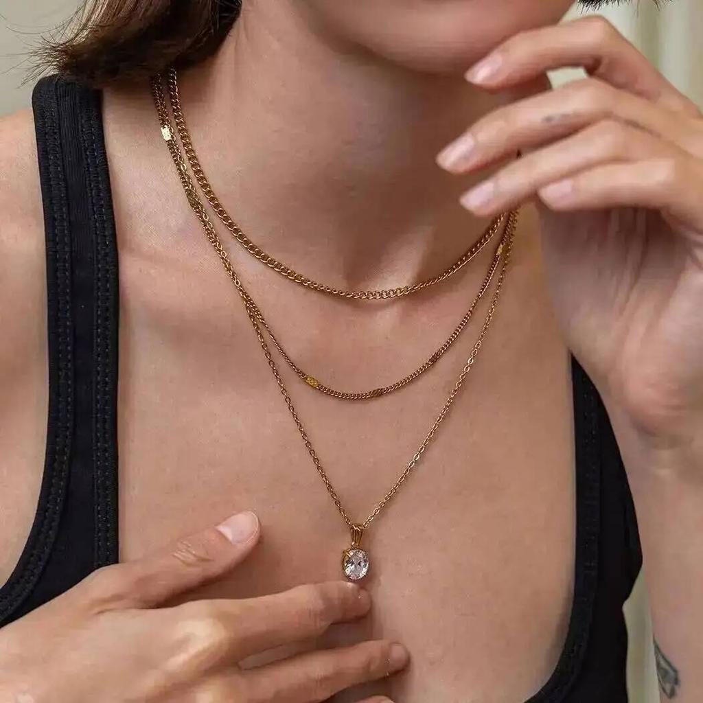 IngeSight.Z 3Pcs/Set Simple Trend 18K Gold Plated Stainless Steel Glass Zircon Pendant Necklace Stackable Neck Accessory Jewelry