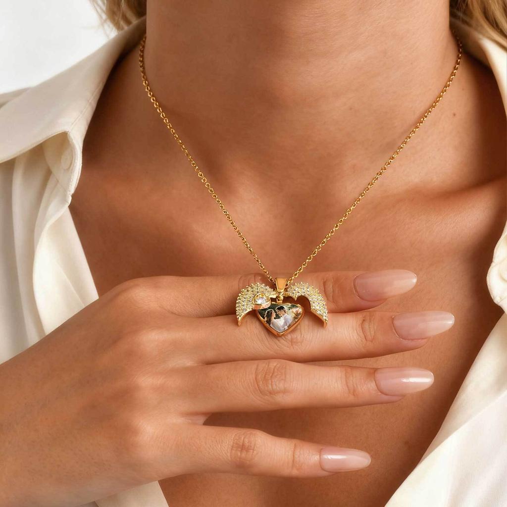 Vnox Luxury Zircon Heart Custom Photo Necklaces For Women Girls, Gold Plated Can Open Wings Locket, Memorial Jewelry Gift