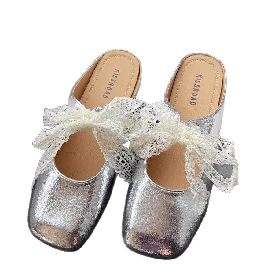 French Bag Head Half Slippers Women's Summer Wear 2025 New Fashion Versatile Small Fragrant Bow Square Head Sandals