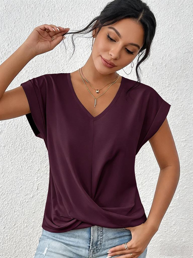 2026 Hot Sale Women's Solid Color V-neck T-shirt, Elegant Short-sleeved Top for Spring/Summer, European American Style