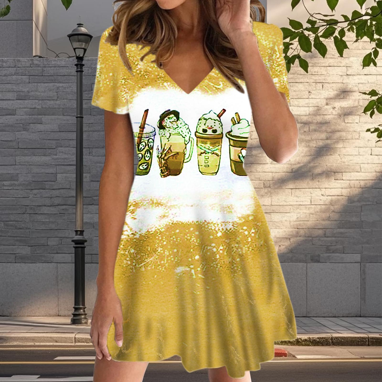 

Летняя мода женские V-образный вырез короткий рукав симпатичные кухни принтованное платье сексуальные короткие юбки платья 8XL жёлтый