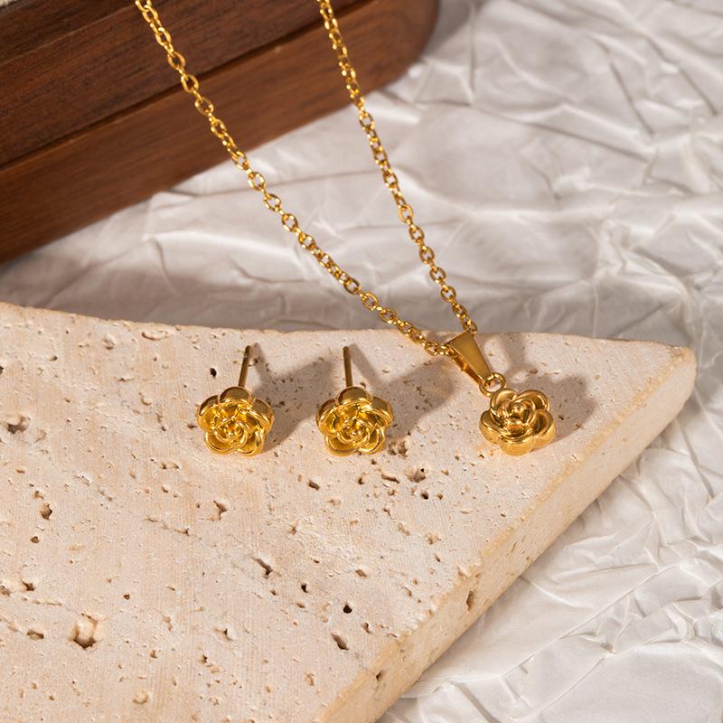 DIEYURO 316L Stainless Steel Golden Simple Rose Flower Neck Earrings Set For Women New Fashion Trend Waterproof Jewelry Gift Set