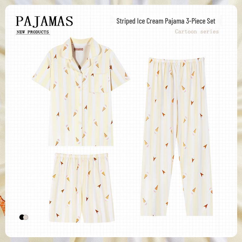 Pastoral Women's Pajama Set: Soft, Cute Rabbit Design, Short-Sleeve, Casual Three-Piece Loungewear.