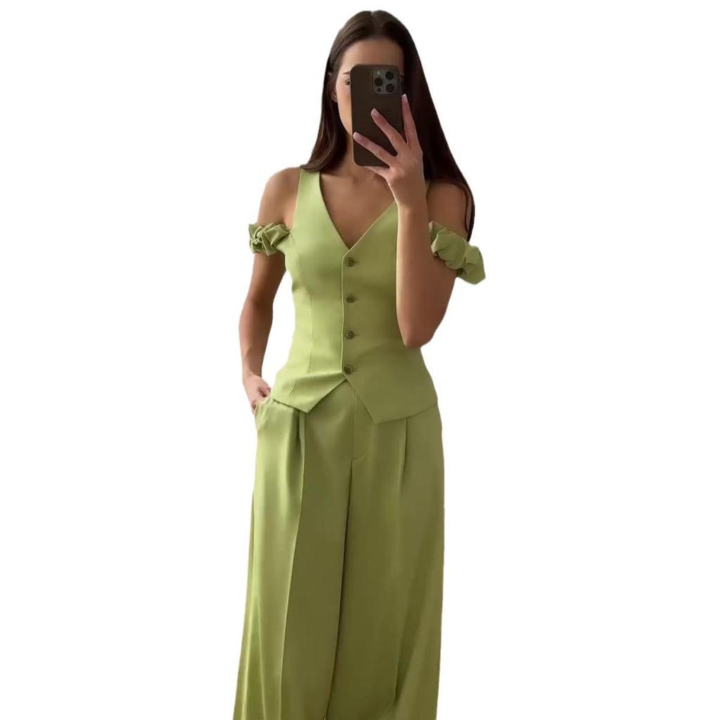 2024 Summer Women's High-Waist Solid Color Short Sleeve Two-Piece Set
