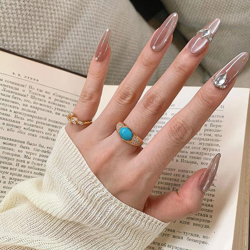 Charm diamond inlaid retro rings for women New in oval turquoise Ring adjustable opening simple suitable for daily  gifts