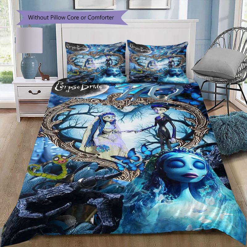 Corpse Bride Emily Moon Forest Print 3‑Piece Bedding Set, Gothic Romantic Duvet Cover Set for Bedroom Home Decor