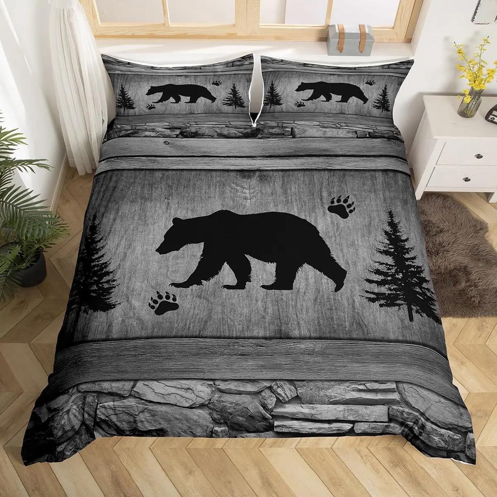Black Bear Deer Bedding Set Woodland Animals Elk Moose Wildlife Hunting Country Lodge Cabin Duvet Cover Set Queen Comfortable