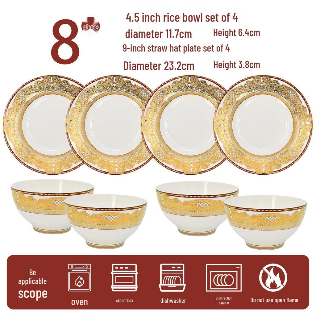Europäisches Luxus Gold Knochenporzellan Schüssel & Teller Geschirrset