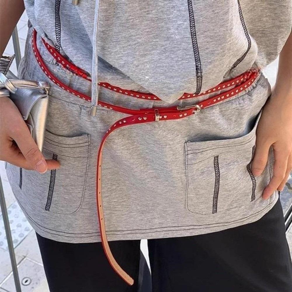 Extra Long Thin Double Layer Circle Chain Adjustable Rivet Eyelet Knotted Belt  Music Festival