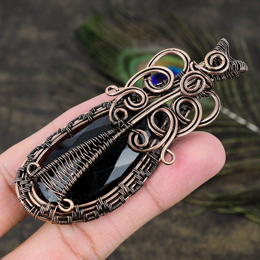 Black Spinel Gemstone Copper Wire Wrap Jewelry Pendant 3.43
