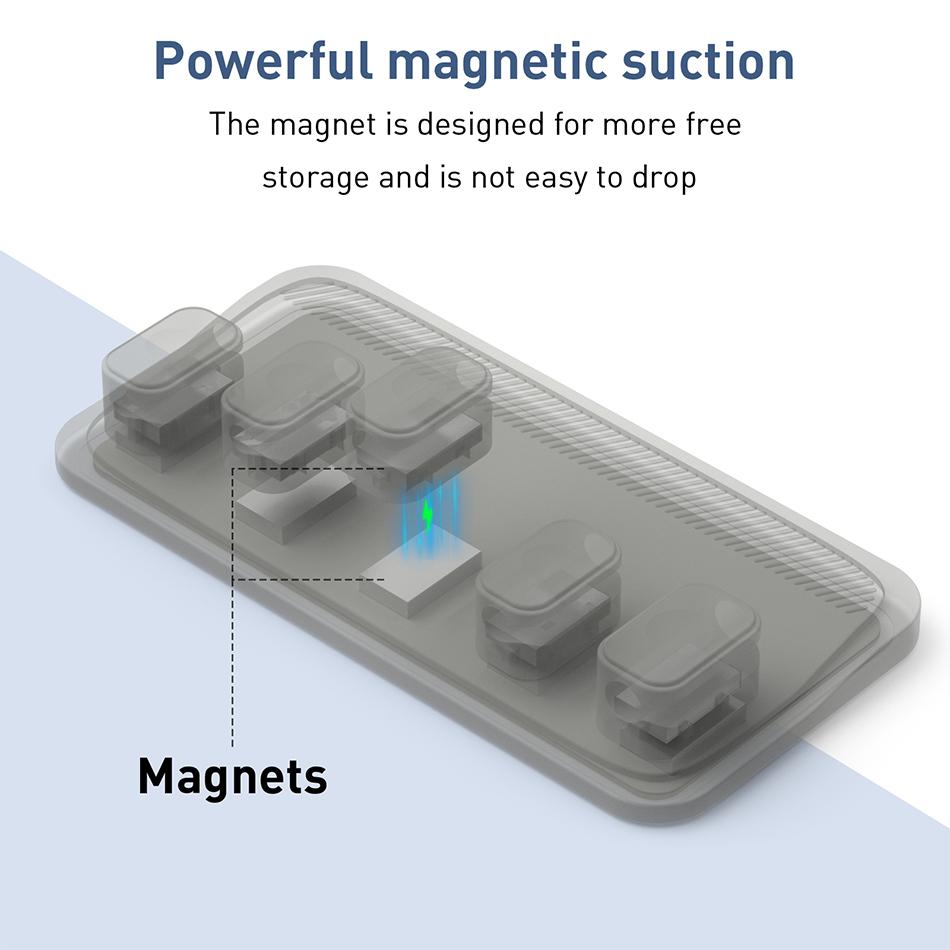 Car Mounted Magnetic Cable Management, Silicone Cable Clamp, Desktop Multi-purpose Wire Holder, 5 Clips for Lighting USB C Micro