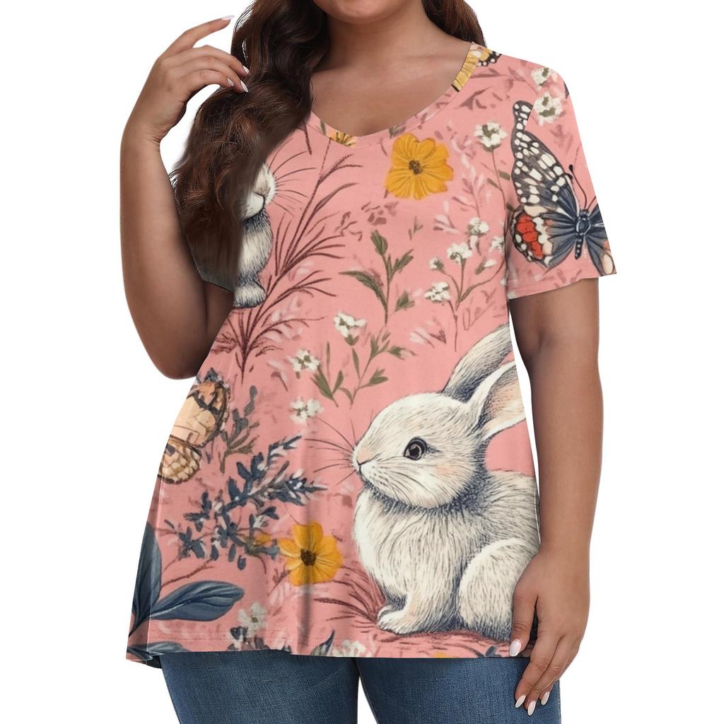 Women's Fashion Casual V-Neck Pullover Short Sleeve Large Size Easter Printed Top