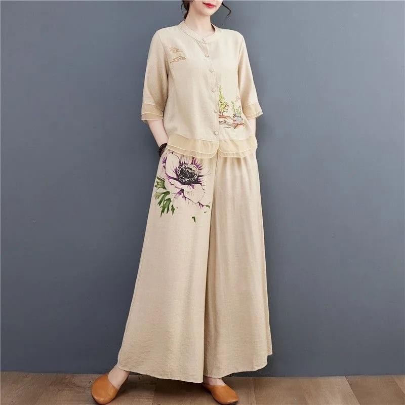 Fashionable Embroidered Cotton Linen Two-Piece Set with Wide Leg Pants for Middle-Aged And Elderly Women Summer Clothing