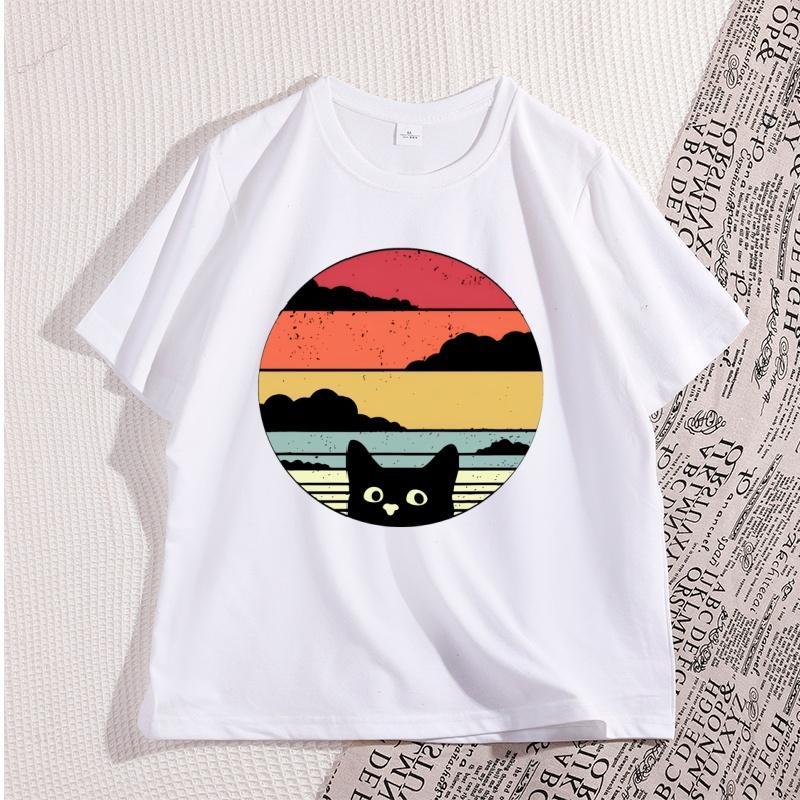 Black Cat Sunset T Shirt Vintage Graphic Unisex T Shirt Cool Streetwear Men Tshirts Casual Cotton Y2k Clothes L белый