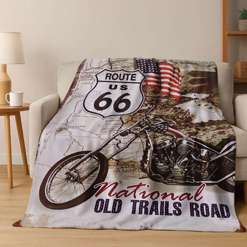 Retro Route 66 Road Trip America Historic Mother Road Art Flannel Blanket,Cozy Soft Throw Blanket for Home Bedroom Bed Sofa Gift