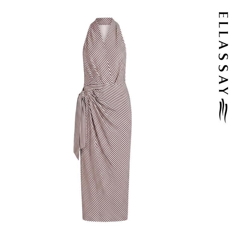 ELLASSAY Women's Silk V-Neck A-Line Midi Dress