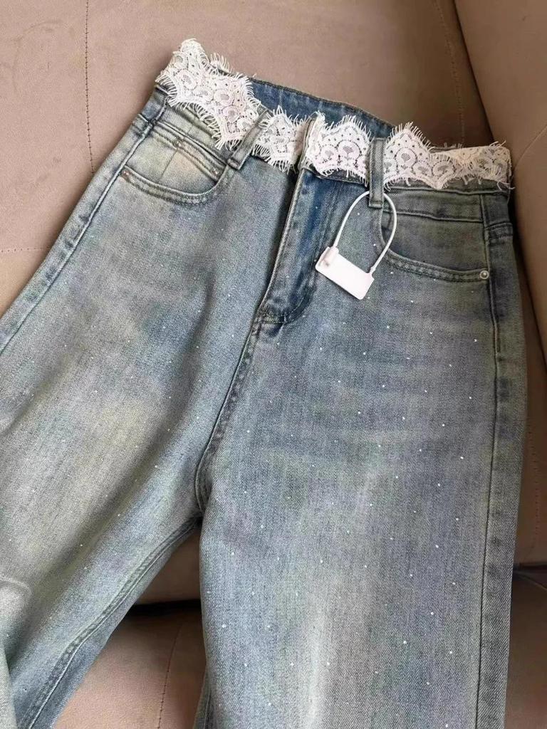 Women's High Waist Rhinestone Jeans - Wide Leg, Loose Fit, Floor Length, Summer Style