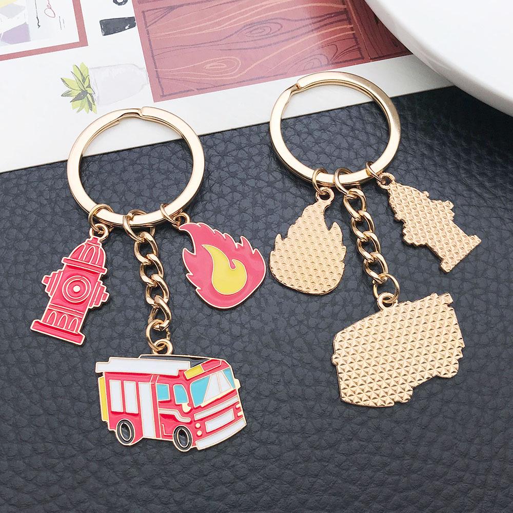 Fire Safety Commemorative Keychain Pendant: Drip Oil Flame, Hydrant & Fire Truck Design