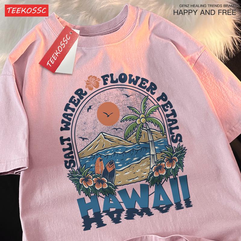 Salt Water Flower Petals Hawaii Clothes Men Women Harajuku Summer Tshirt Cartoon Cotton T-Shirt Fashion Breathable Couple Tops