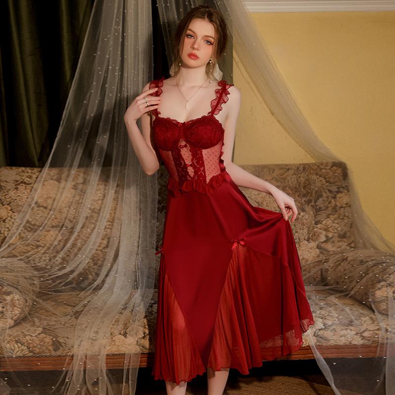 Lenjerie de corp de damă Toamnă Cămașă de noapte din satin și plasă cu cupă pentru piept Culoare uni Până la jumătatea gambei Set halat cu bretele