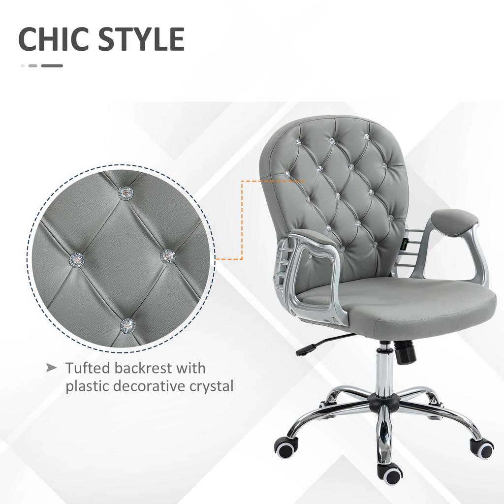 Office Chair Ergonomic 360 degrees Swivel PU Diamante Padded Base 5 Castor Wheels for Home Work Grey