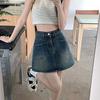 Women's A-line Denim Short Skirt Summer Pocket Design High Waist Hip Hugging Retro Denim Skirt