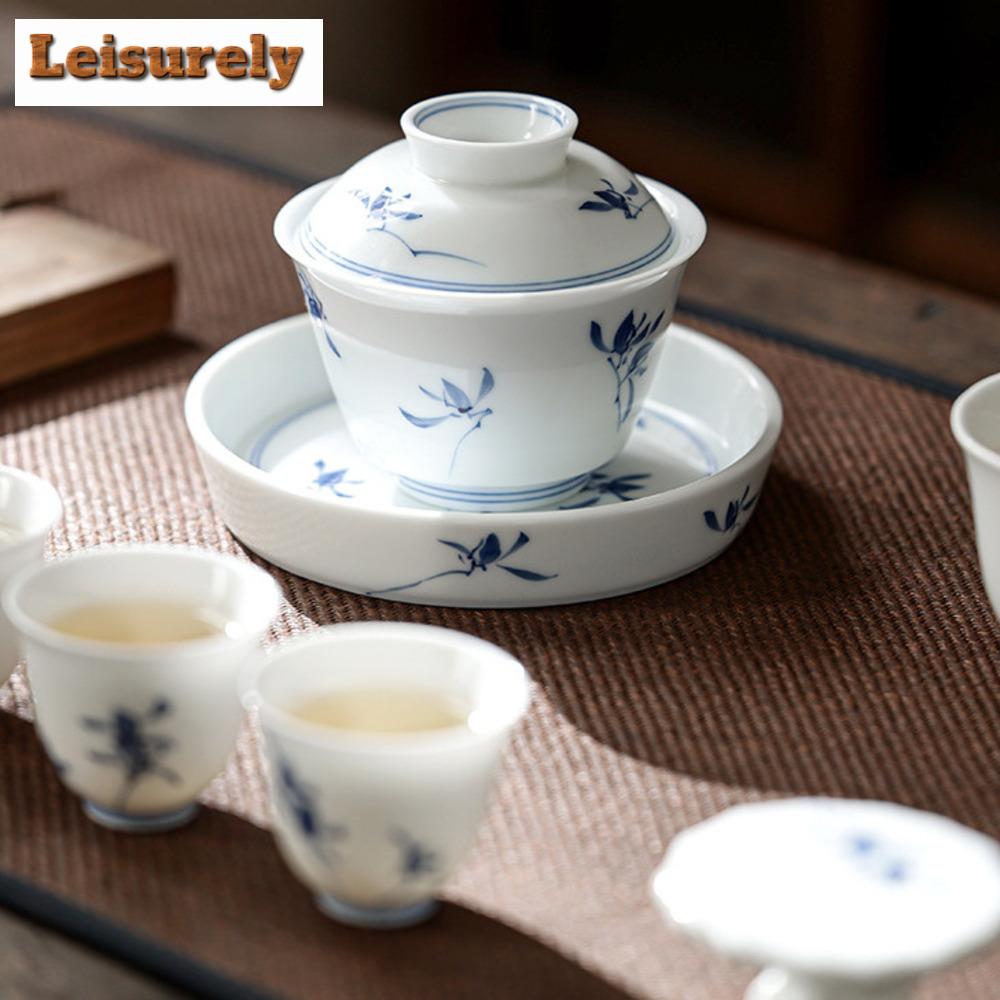 130ml Pure Hand-painted Butterfly Orchid Gaiwan Ancient Sancai White Porcelain Tea Tureen Tea Brewing Cover Bowl Teaset Ornament