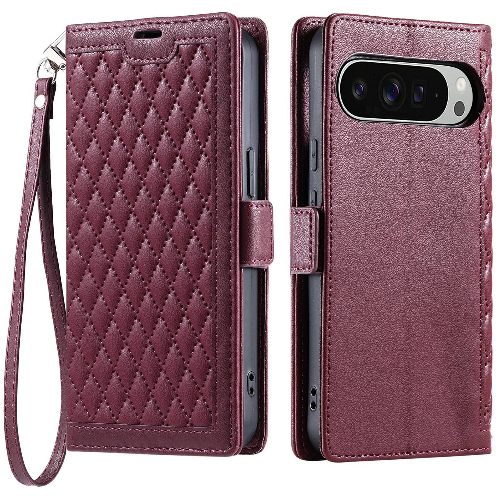 

For Google Pixel 9 Pro XL Leather Case Rhombus Texture Wallet Stand Phone Cover with Wrist Strap D