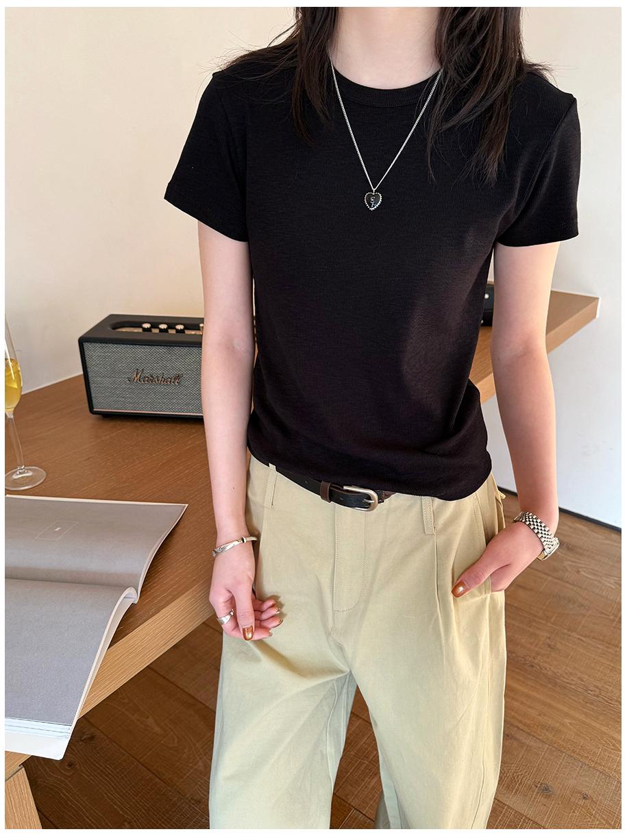Li Nuo Women s Korean Style Chic Slimming Solid Color Short Sleeve T-shirt - Spring/Summer 2026 Edition Medium