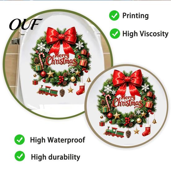 Waterproof Pvc Wall Stickers Christmas Wreath Toilet Decal, Merry Bow Seat Sticker, Holiday Party Bathroom Supplies Lid Tank Decals, Self-Adhesive