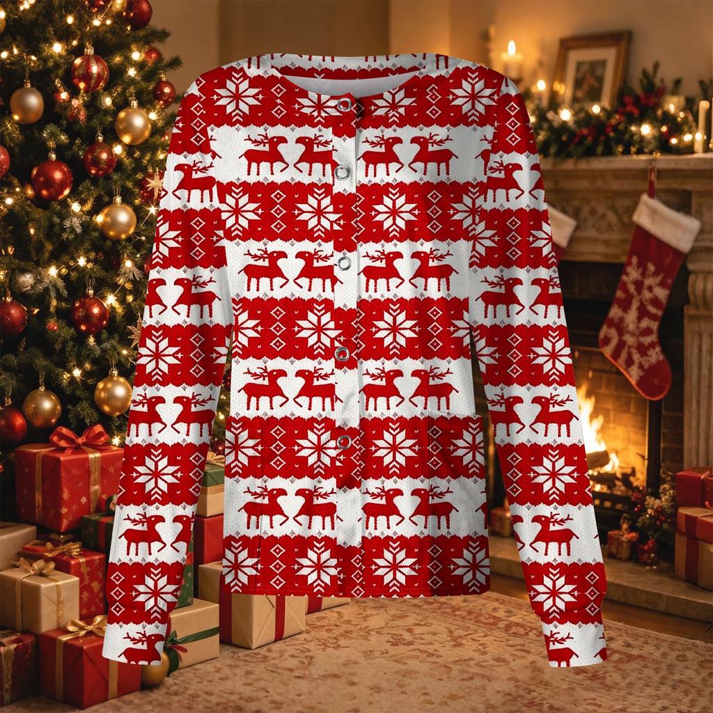 Women's Christmas Print Long Sleeve Caregiver Cardigan Top with Single-Breasted Button Front